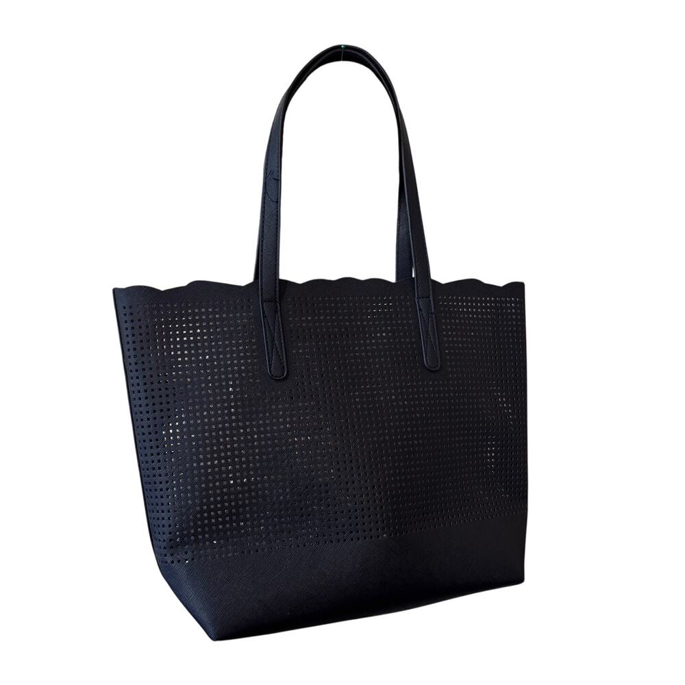 Neiman Marcus Laser Cut Faux Leather Navy Blue Tote Bag NWOT Perforated Scallop